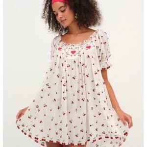 For Love And Lemons Cherry beaded Print Chemise - White and Red